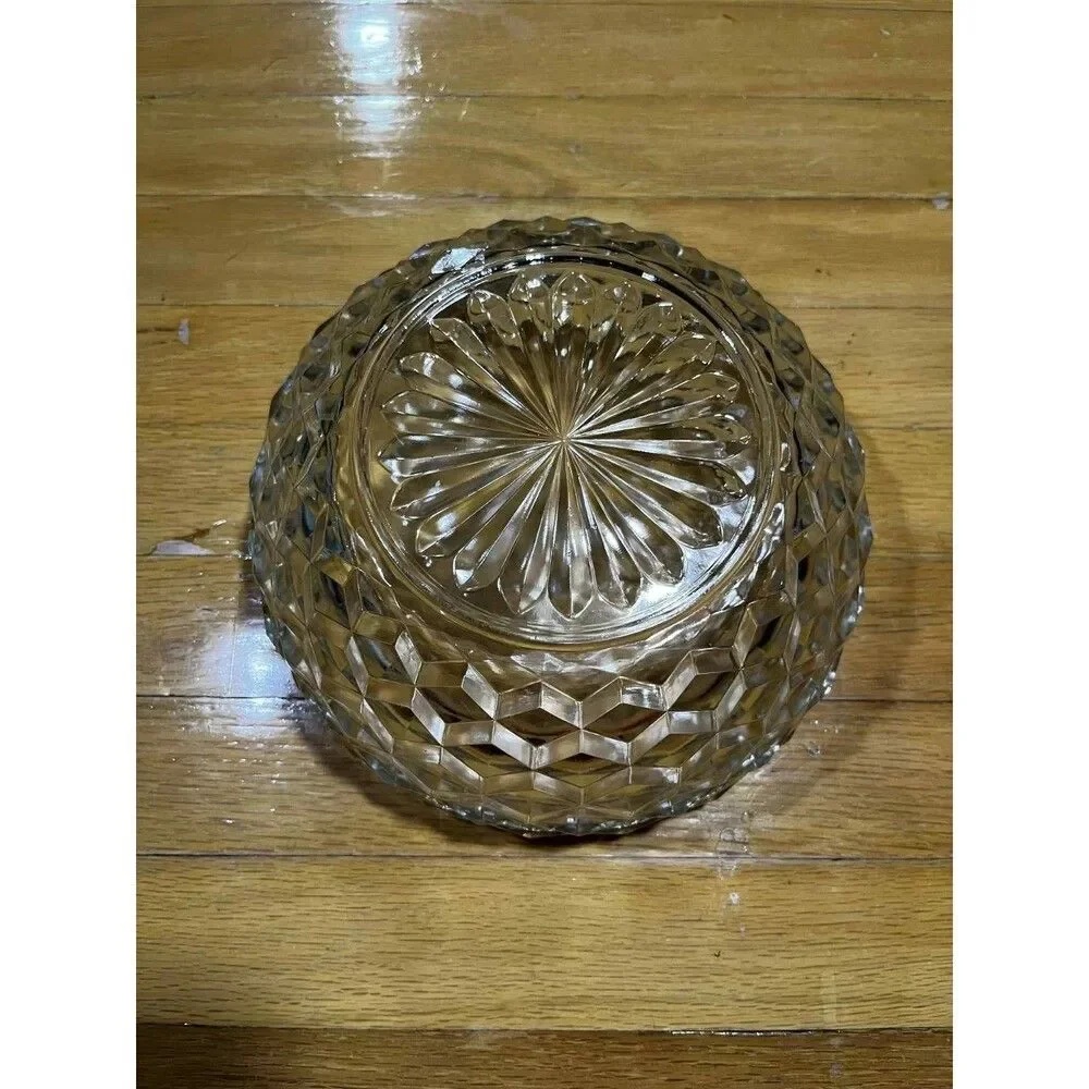 Vintage Pressed Glass Serving Bowl Diamond Block Pattern Starburst Base 9